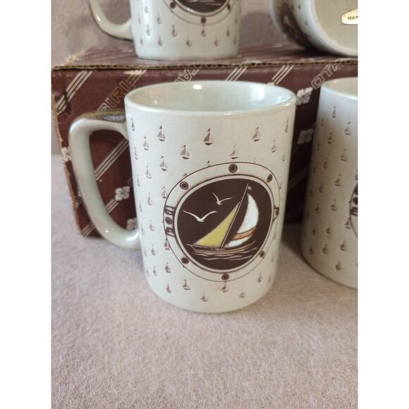 OTAGIRI Vtg SAILBOAT Mug Set Of 4 Hand painted Stoneware In Box Stickers 70s 80s - Picture 2 of 6